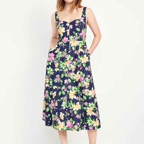 Old Navy Fit & Flare Linen-Blend Midi Dress Navy Blue Floral - Picture 1 of 8